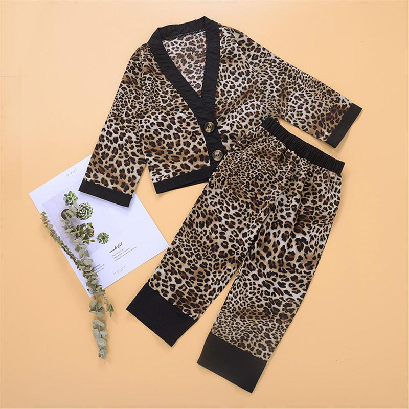 Girls Button Cardigan Leopard Long Sleeve Top & Trousers Girls Wholesale - PrettyKid