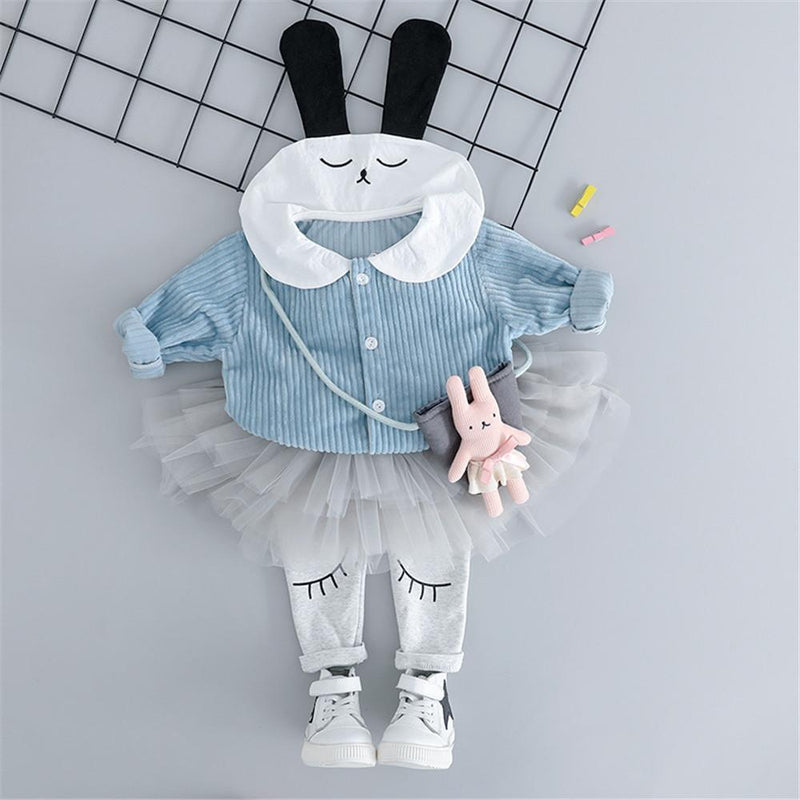 Girls Button Cartoon Rabbit Corduroy Top & Tulle Culottes - PrettyKid