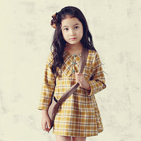 Girls Button Crew Neck Plaid Long Sleeve Dress - PrettyKid