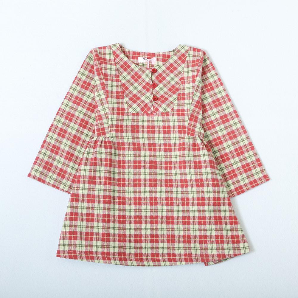 Girls Button Crew Neck Plaid Long Sleeve Dress - PrettyKid