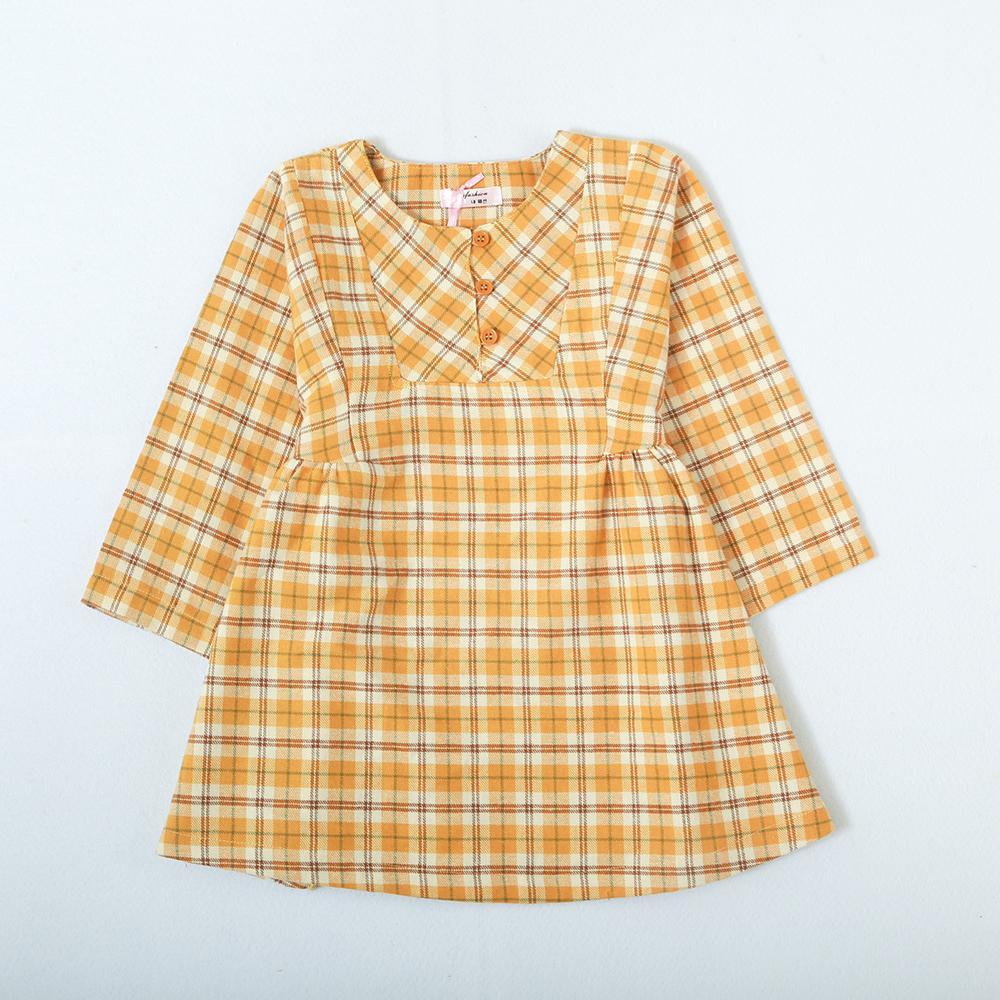 Girls Button Crew Neck Plaid Long Sleeve Dress - PrettyKid