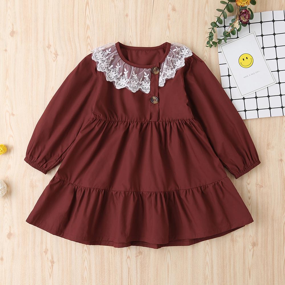 Girls Button Lace Collar Solid Long Sleeve Dress - PrettyKid