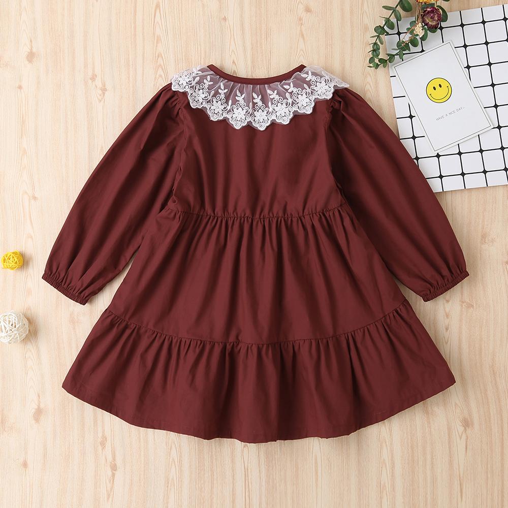 Girls Button Lace Collar Solid Long Sleeve Dress - PrettyKid