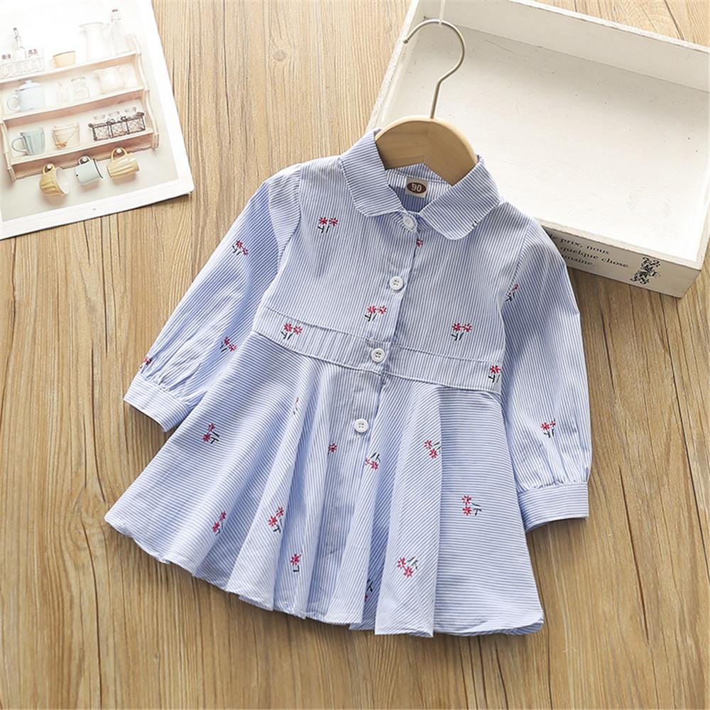 Girls Button Lapel Floral Printed Pleated Long Sleeve Dress - PrettyKid