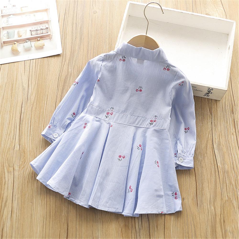 Girls Button Lapel Floral Printed Pleated Long Sleeve Dress - PrettyKid