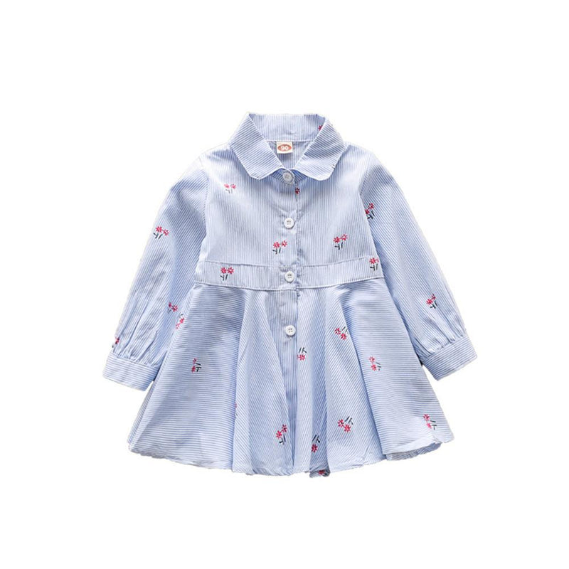 Girls Button Lapel Floral Printed Pleated Long Sleeve Dress - PrettyKid