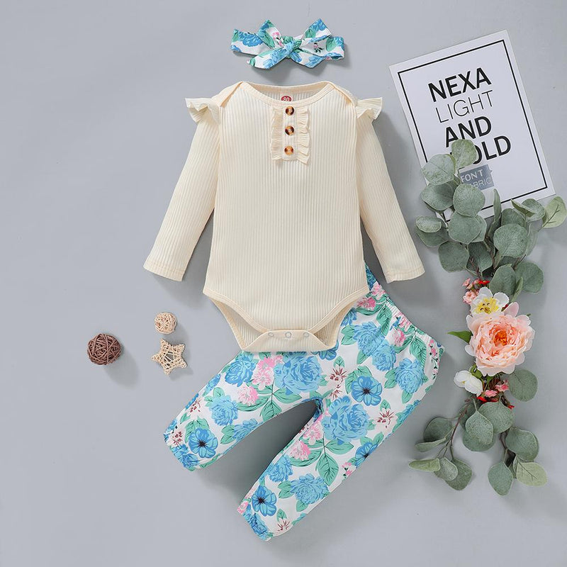 Baby Girls Button Long Sleeve Romper & Floral Pants Baby Outfits - PrettyKid