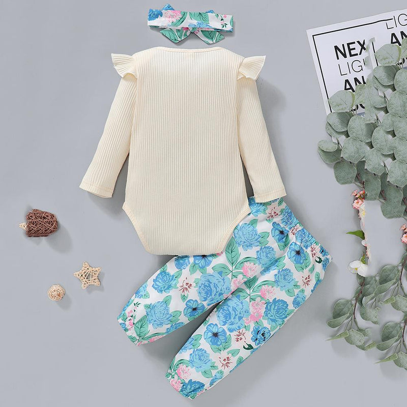 Baby Girls Button Long Sleeve Romper & Floral Pants Baby Outfits - PrettyKid