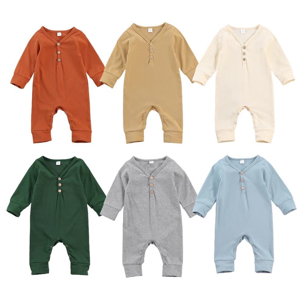 Baby Button Long Sleeve Solid Color Romper Wholesale Baby Clothes Bulk - PrettyKid