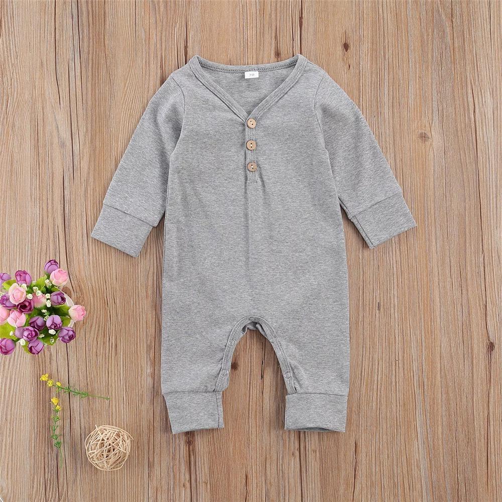 Baby Button Long Sleeve Solid Color Romper Wholesale Baby Clothes Bulk - PrettyKid