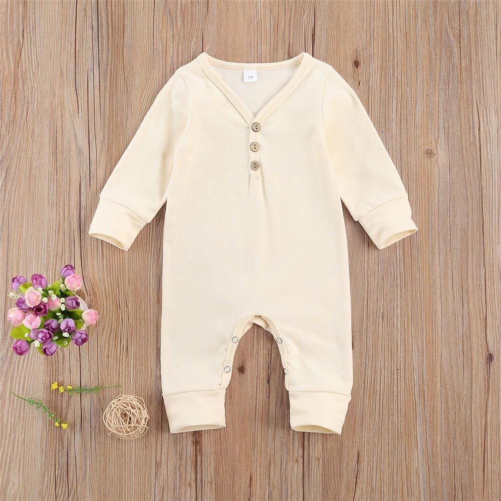 Baby Button Long Sleeve Solid Color Romper Wholesale Baby Clothes Bulk - PrettyKid