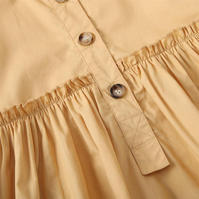 Girls Button Long Sleeve Solid Lapel Pleated Dress Bulk Kids Clothes - PrettyKid