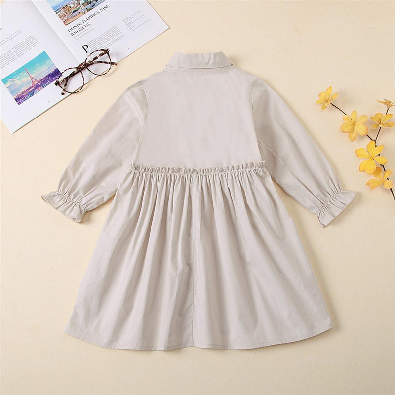 Girls Button Long Sleeve Solid Lapel Pleated Dress Bulk Kids Clothes - PrettyKid