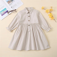 Girls Button Long Sleeve Solid Lapel Pleated Dress Bulk Kids Clothes - PrettyKid