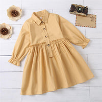 Girls Button Long Sleeve Solid Lapel Pleated Dress Bulk Kids Clothes - PrettyKid