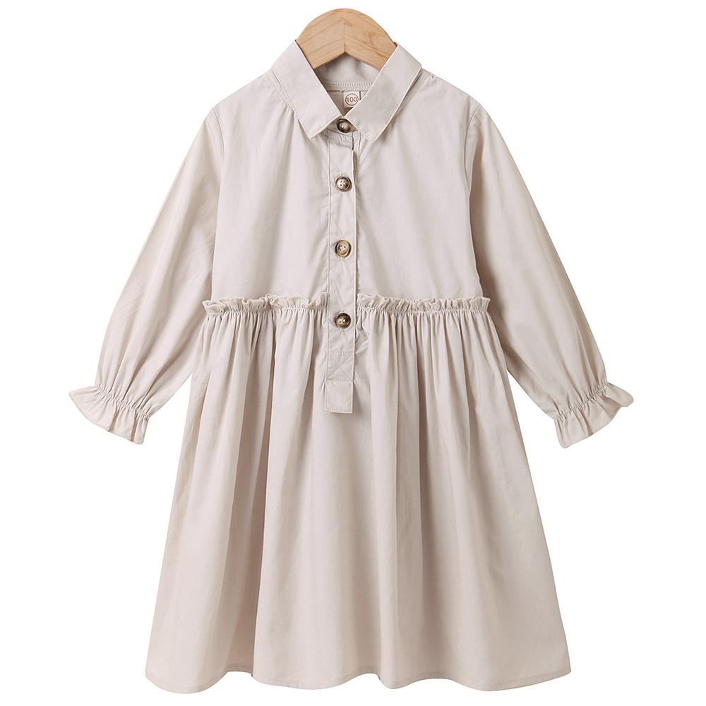 Girls Button Long Sleeve Solid Lapel Pleated Dress Bulk Kids Clothes - PrettyKid