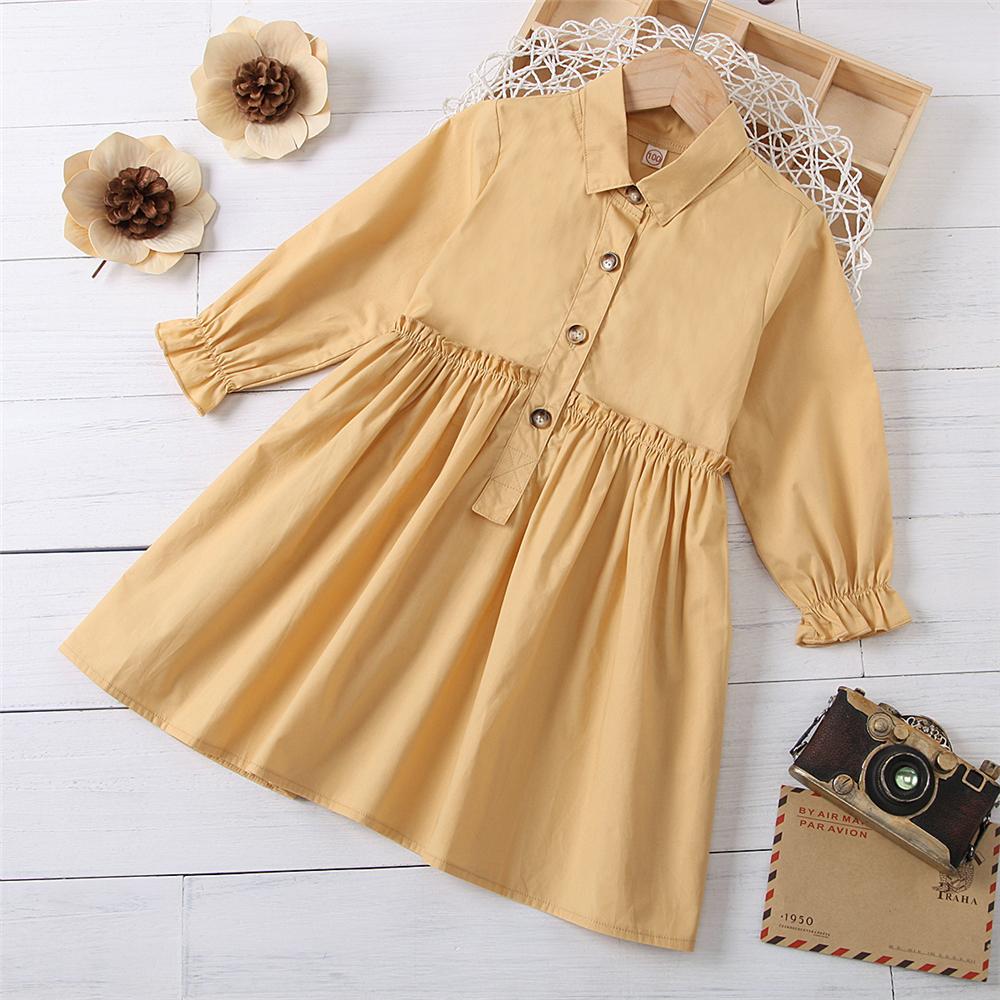 Girls Button Long Sleeve Solid Lapel Pleated Dress Bulk Kids Clothes - PrettyKid