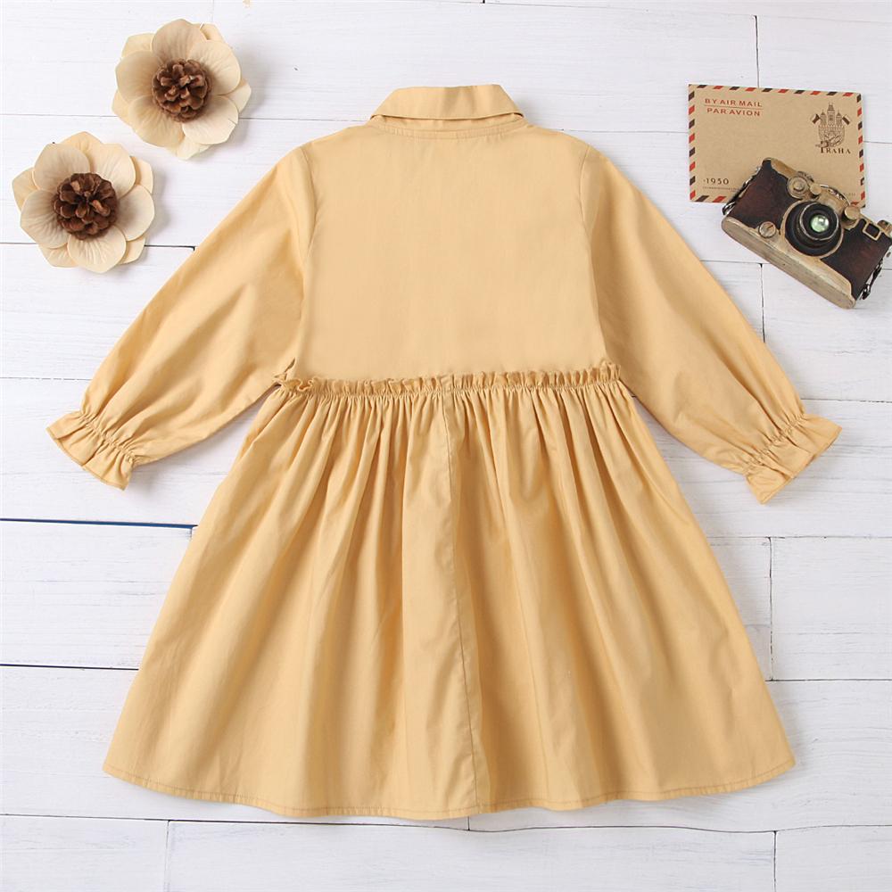 Girls Button Long Sleeve Solid Lapel Pleated Dress Bulk Kids Clothes - PrettyKid