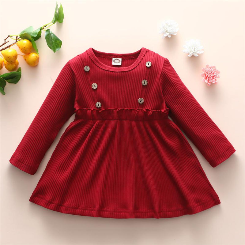 Girls Button Long Sleeve Solid Pleated Girls Wholesale Dresses - PrettyKid