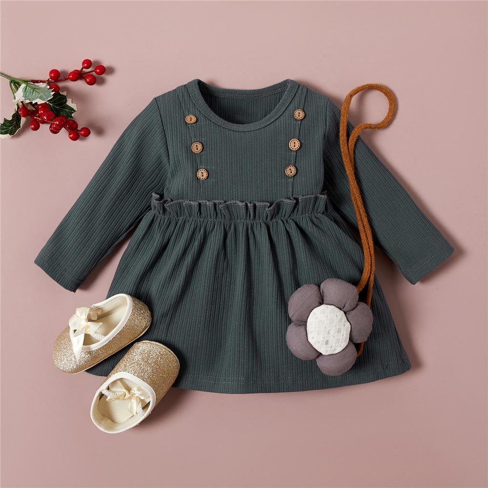 Girls Button Long Sleeve Solid Pleated Girls Wholesale Dresses - PrettyKid