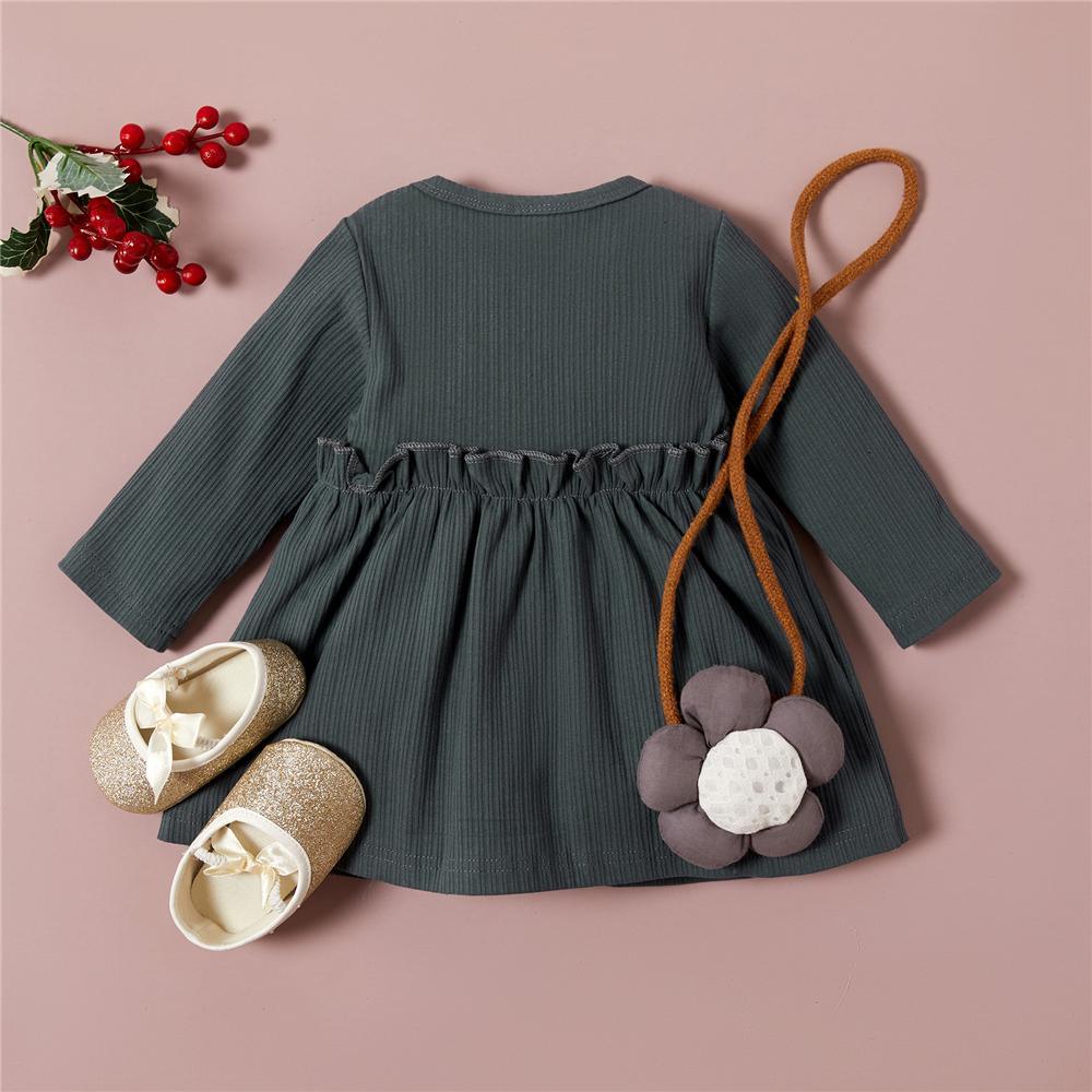 Girls Button Long Sleeve Solid Pleated Girls Wholesale Dresses - PrettyKid