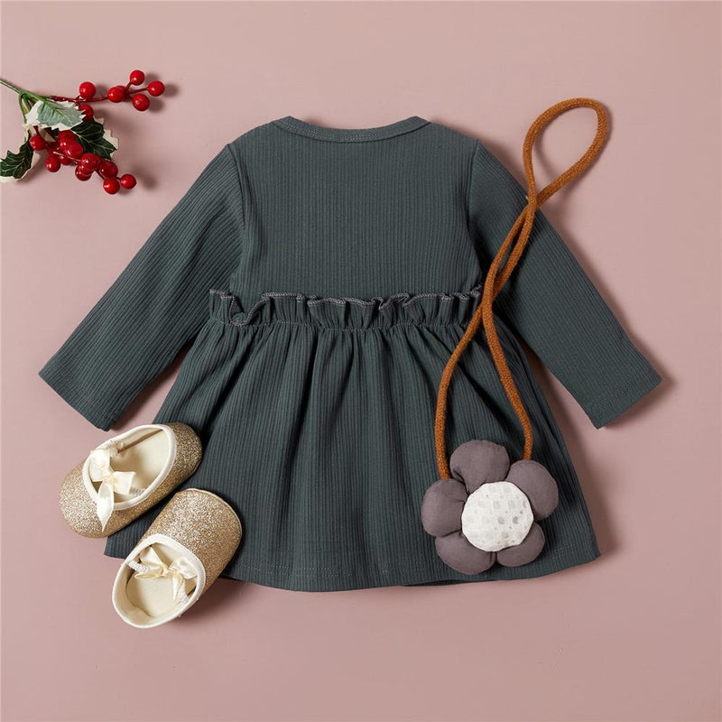 Girls Button Long Sleeve Solid Pleated Girls Wholesale Dresses - PrettyKid