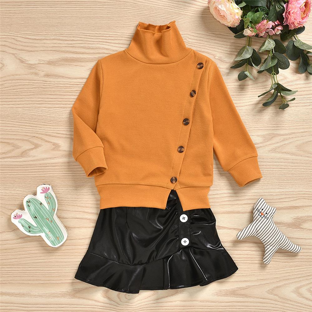 Girls Button Long Sleeve Sweaters & PU Skirt Girls Wholesale Clothes - PrettyKid