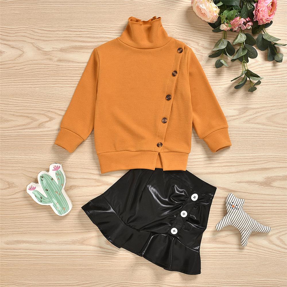 Girls Button Long Sleeve Sweaters & PU Skirt Girls Wholesale Clothes - PrettyKid