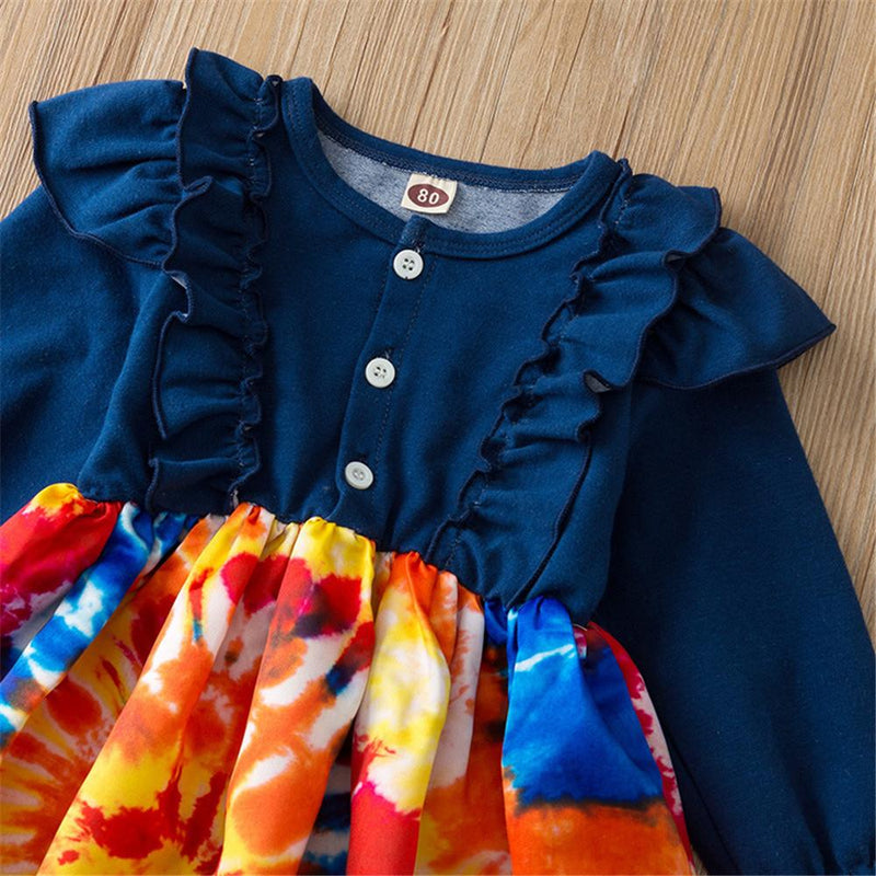 Girls Button Long Sleeve Tie Dye Dress Wholesale Little Girl Dresses - PrettyKid