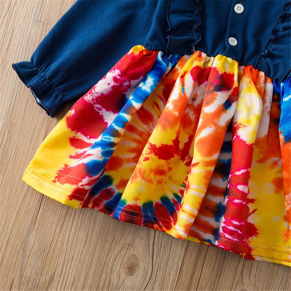 Girls Button Long Sleeve Tie Dye Dress Wholesale Little Girl Dresses - PrettyKid