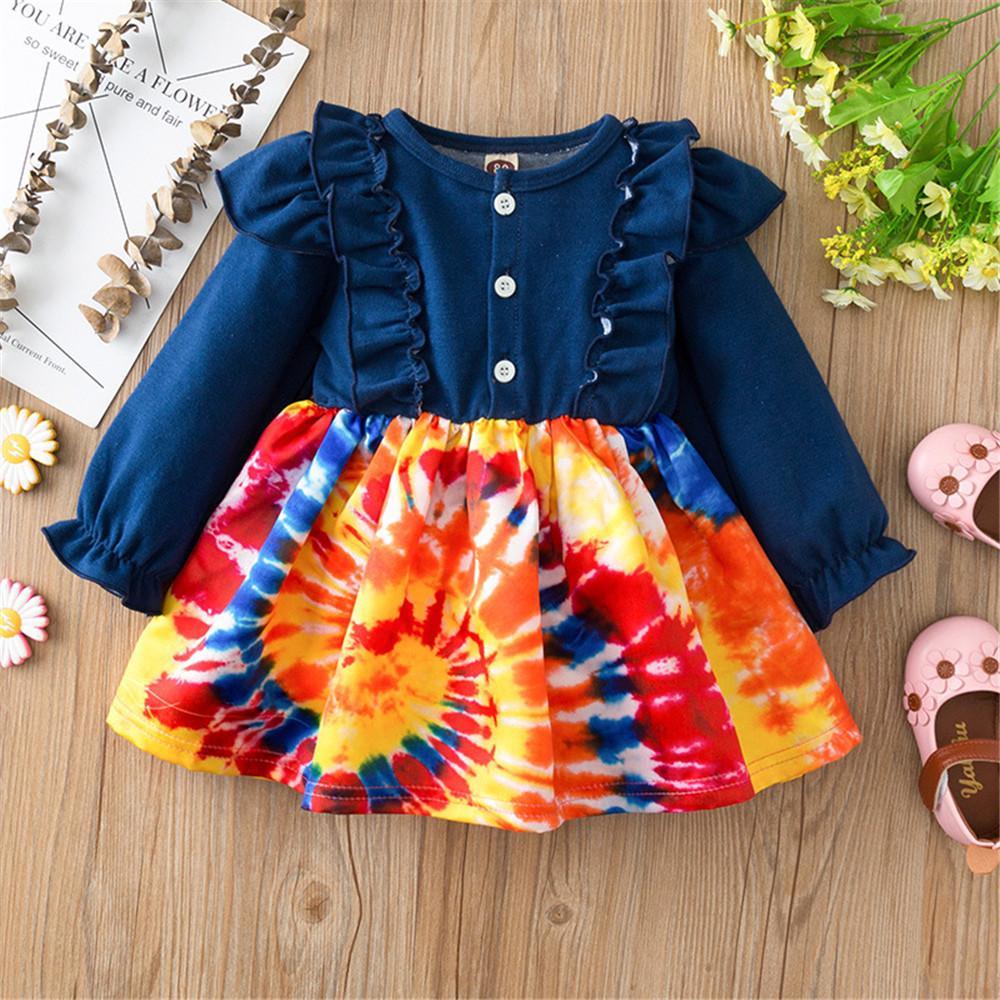 Girls Button Long Sleeve Tie Dye Dress Wholesale Little Girl Dresses - PrettyKid