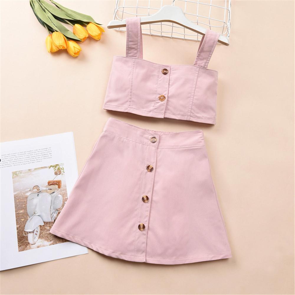 Toddler Girls Button Pink Sling Solid Top & Skirt clothes ex chainstore wholesale childrens clothing - PrettyKid