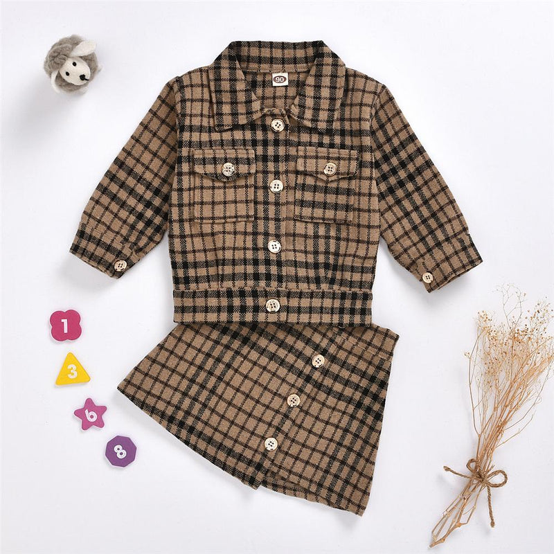 Toddler Girls Button Plaid Lapel Long Sleeve Coat & Skirt Wholesale Girls - PrettyKid