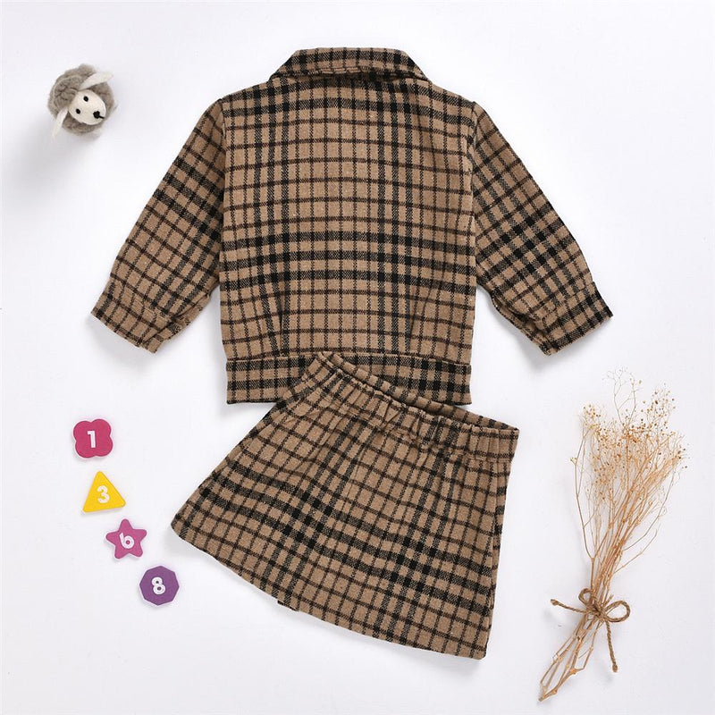 Toddler Girls Button Plaid Lapel Long Sleeve Coat & Skirt Wholesale Girls - PrettyKid