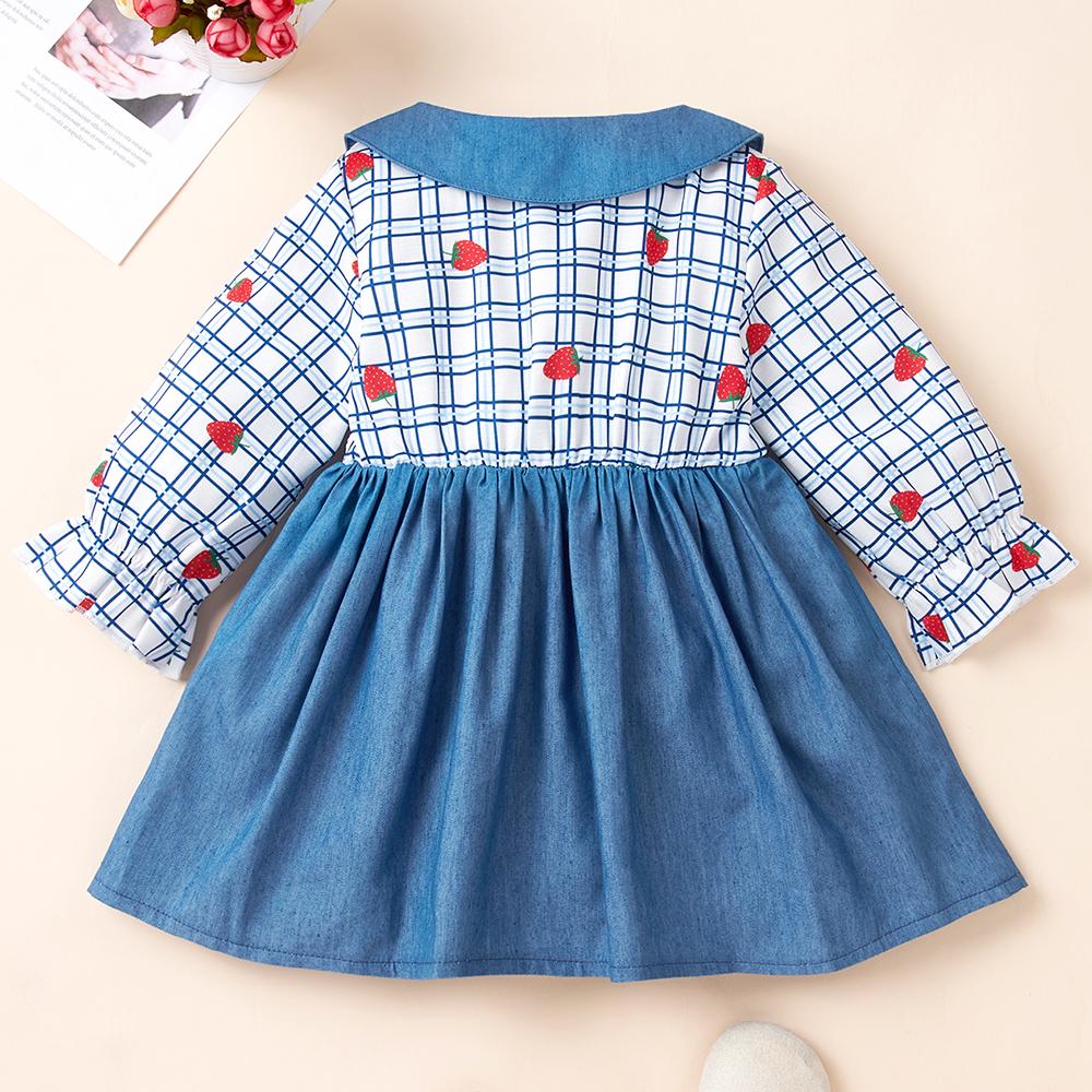 Baby Girls Button Plaid Strawberry Long Sleeve Dress Wholesale Baby Clothes - PrettyKid