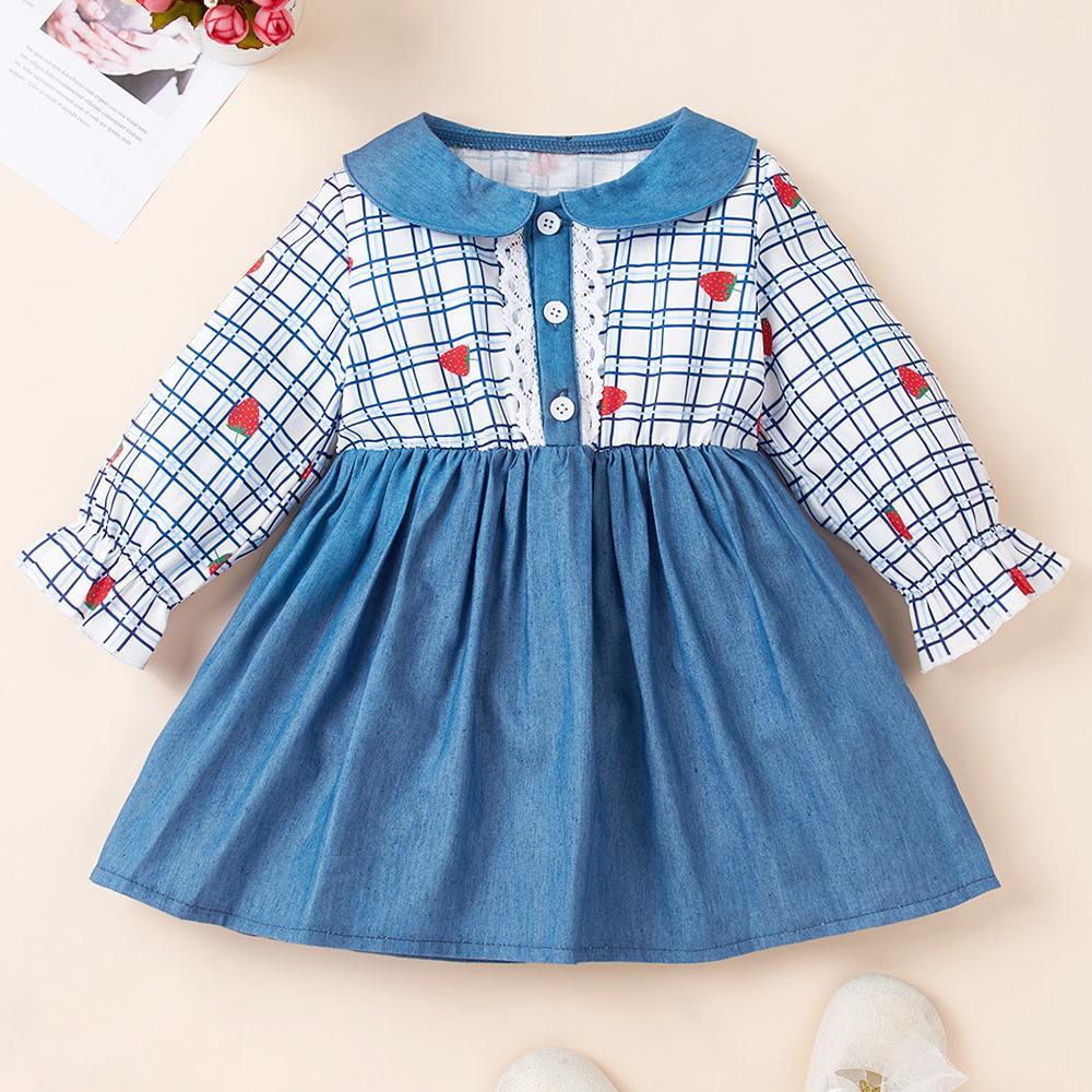 Baby Girls Button Plaid Strawberry Long Sleeve Dress Wholesale Baby Clothes - PrettyKid