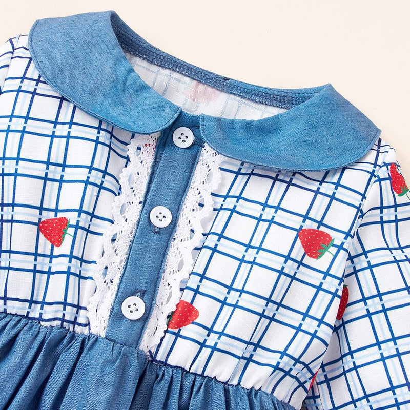 Baby Girls Button Plaid Strawberry Long Sleeve Dress Wholesale Baby Clothes - PrettyKid