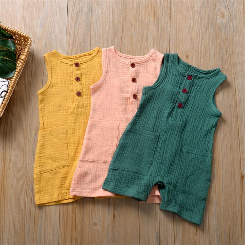 Baby Girl Button Pocket Solid Sleeveless Romper Baby clothing Wholesale vendors - PrettyKid