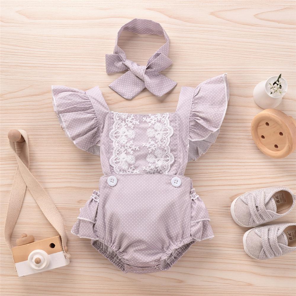 Baby Girls Button Polka Dot Short Sleeve Romper & Headband Baby Clothing Cheap Wholesale - PrettyKid
