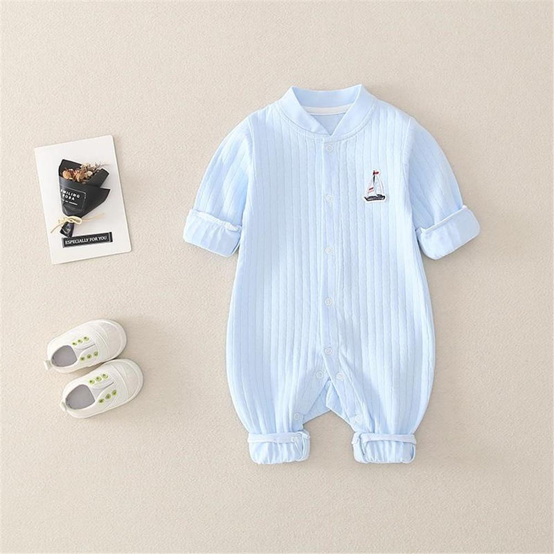 Baby Button Solid Color Long Sleeve Rompers - PrettyKid