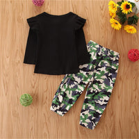 Girls Button Solid Long Sleeve Ruffle Top & Camo Trousers Kids Wear Wholesale - PrettyKid