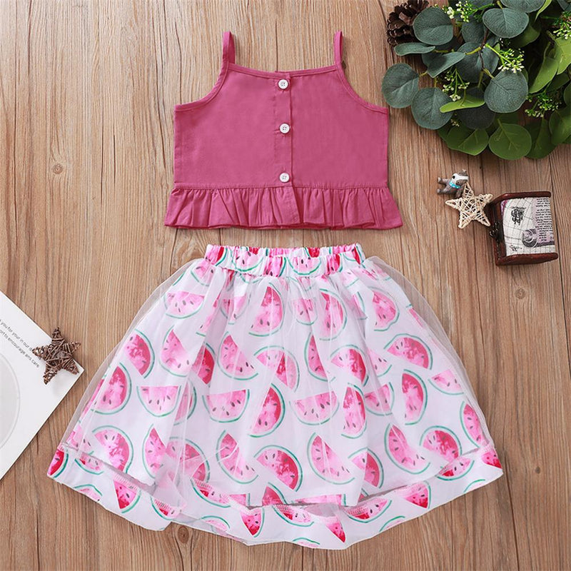Girls Button Solid Tank Top & Floral Printed Skirt Cheap Childrens clothing Wholesale - PrettyKid