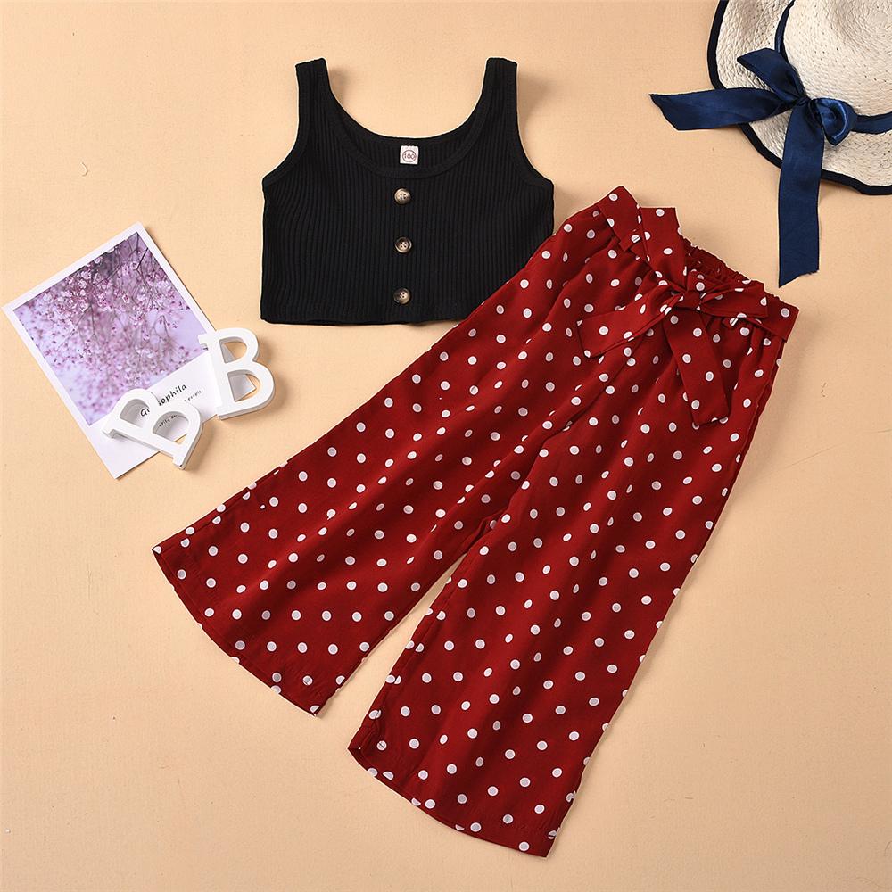 Girls Button Solid Top & Polka Dot Bow Pants Children'S Boutique clothes Wholesale vendors - PrettyKid