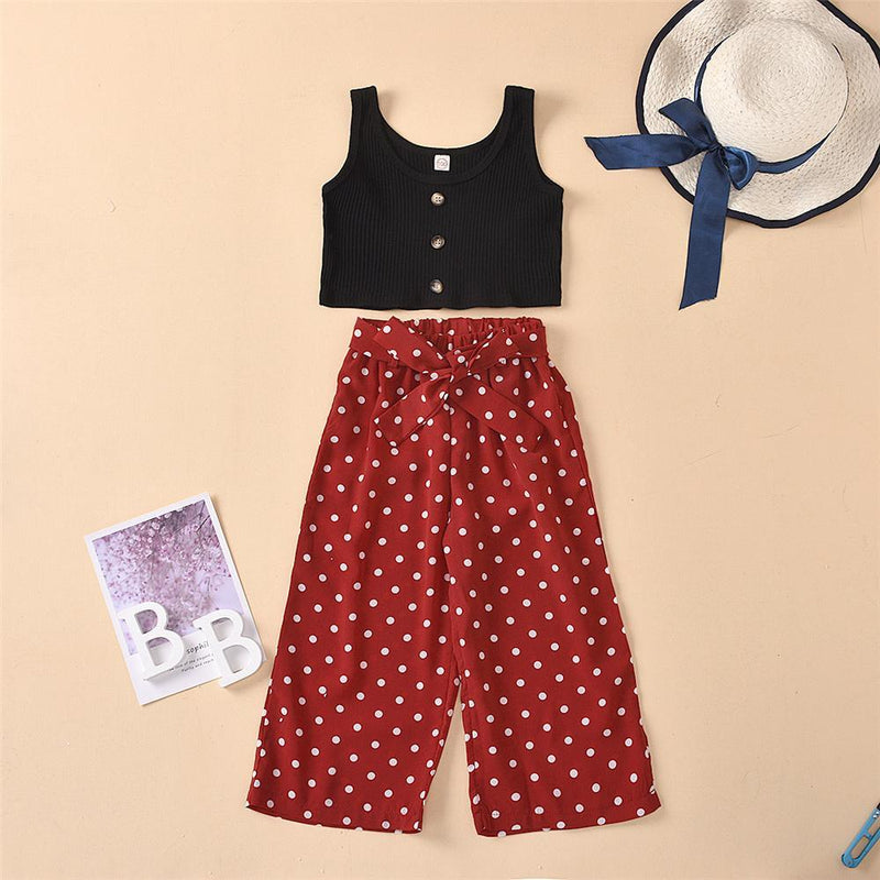 Girls Button Solid Top & Polka Dot Bow Pants Children'S Boutique clothes Wholesale vendors - PrettyKid