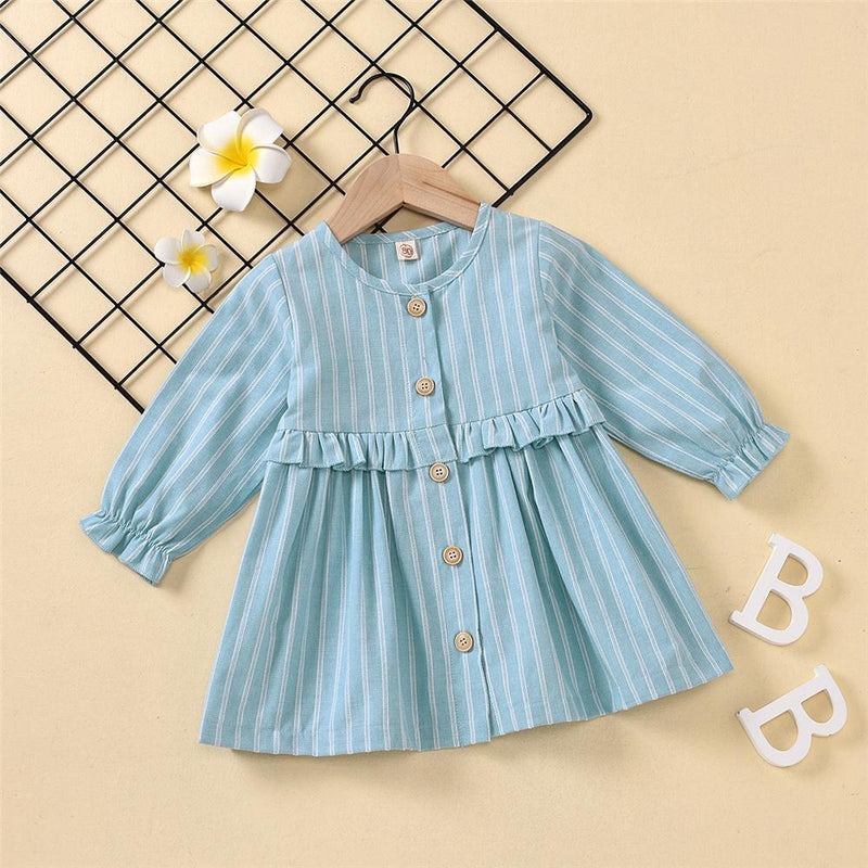 Baby Girls Button Striped Long Sleeve Dress Baby Boutique Wholesale - PrettyKid