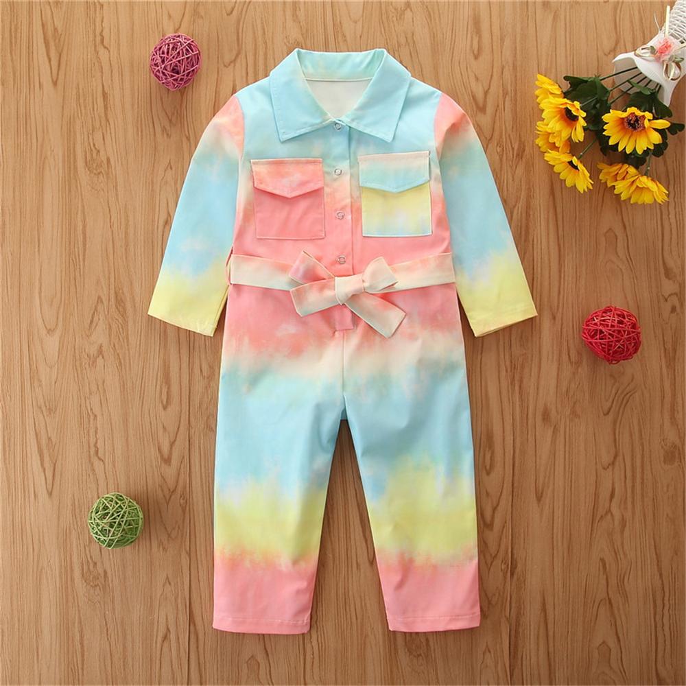 Girls Button Tie Dye Lapel Pocket Jumpsuit Girls Clothes Wholesale - PrettyKid
