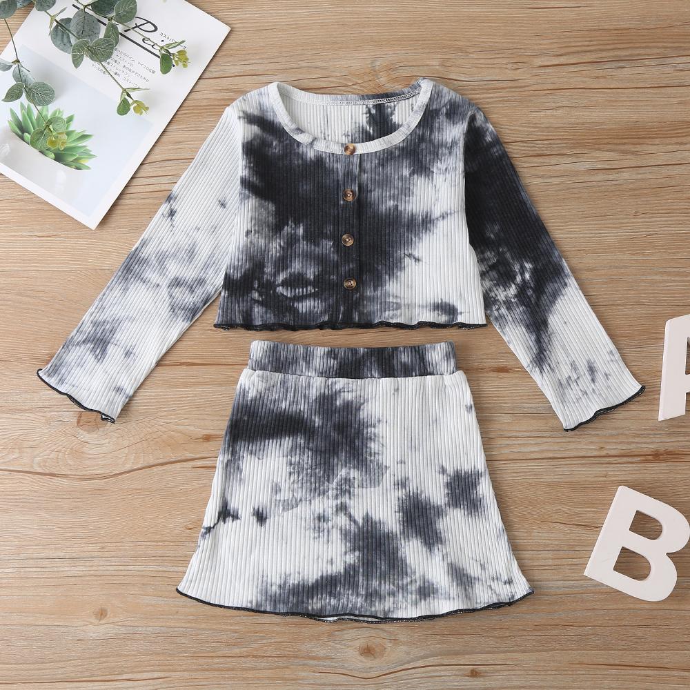 Girls Button Tie Dye Long Sleeve Top & Skirt Wholesale Boutique Girl Clothing - PrettyKid