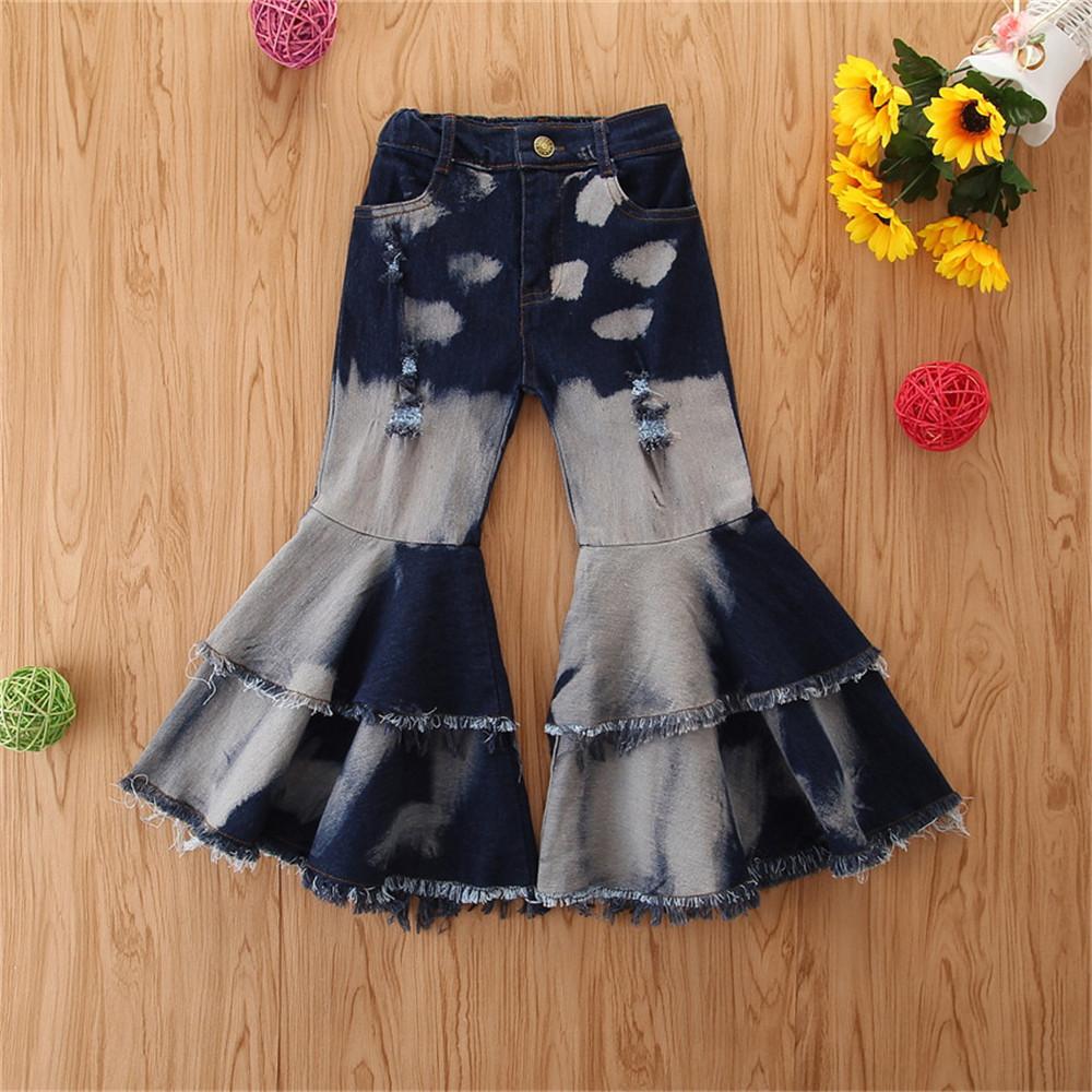 Girls Button Wig Leg Flared Ripped Jeans Little Girl Pants Wholesale - PrettyKid