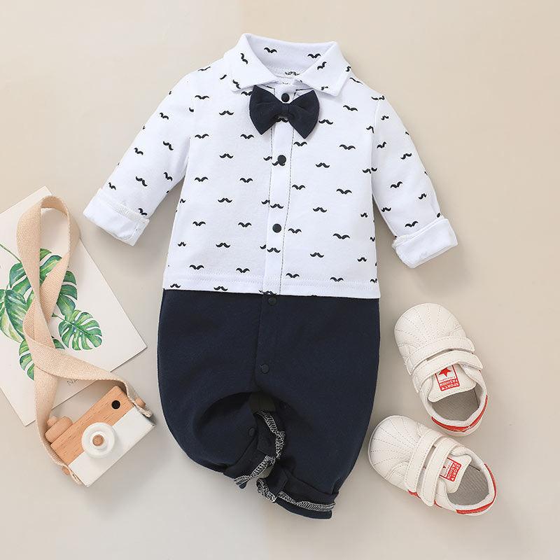 Baby Boy Mustache Pattern Baby One Piece Jumpsuit With Bow Tie - PrettyKid