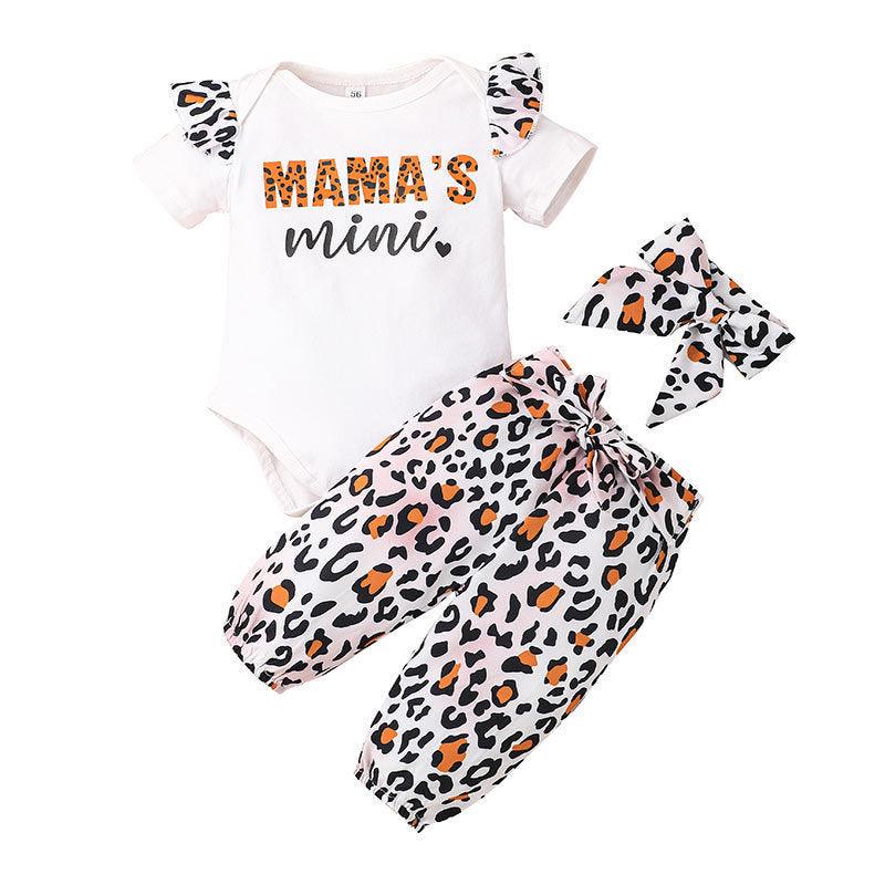 Baby Girl Letter Print Bodysuit And Leopard Print Trousers And Headband Baby Outfit Sets - PrettyKid